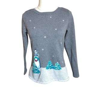 Gray Christmad Sweater with Sparkly Stars  Lighthouse and Trees